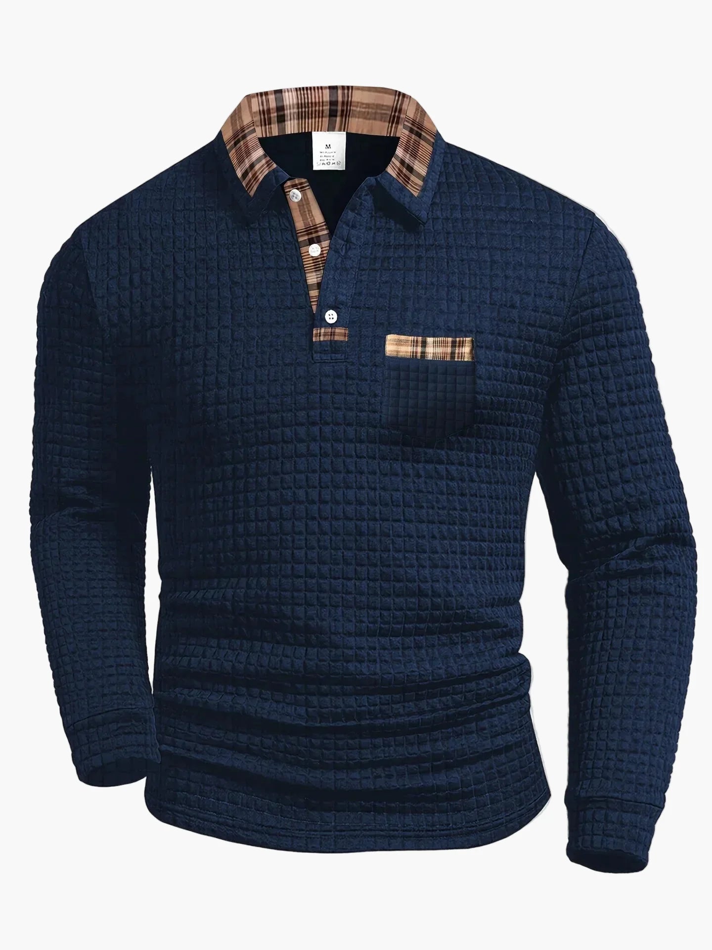 Men's Long Sleeve Casual Polo Shirt with Check Details – Stylish Waffle Pattern, Ideal for Everyday & Office