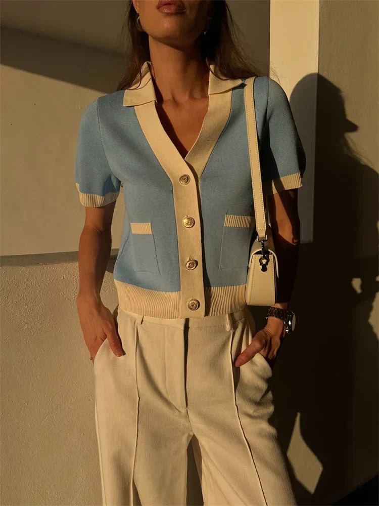 Short-Sleeved Knit Top with Collar and Buttons, Light Blue