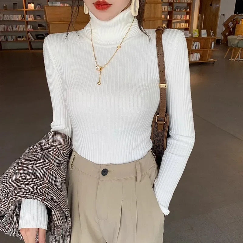 Women's ribbed long-sleeved turtleneck sweater, slim fit