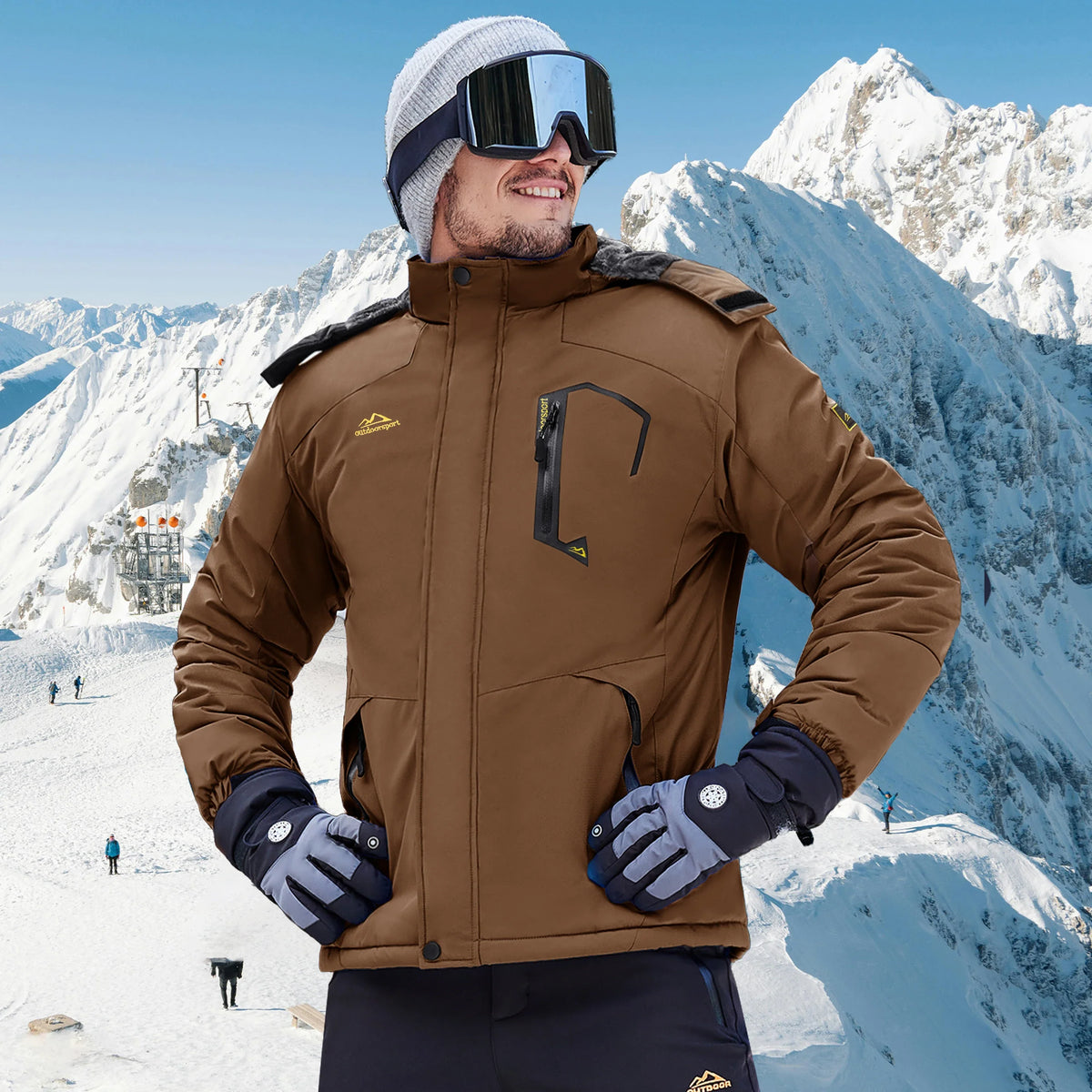 Herren Winterjacke Outdoor Skijacke mit Kapuze und Taschen Orange Grau
