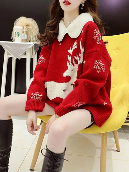 Women's Christmas sweater with deer motif, crew neck, and teddy fleece collar, long sleeves