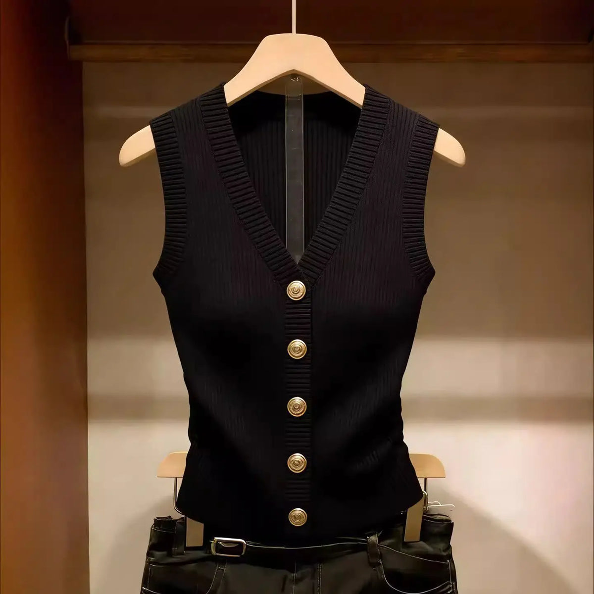 Black women's knitted vest V-neck gold buttons sleeveless ribbed knit