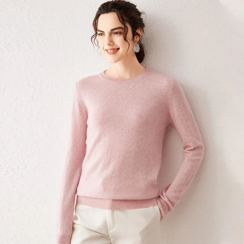 Women's crew-neck long-sleeve basic knitted sweater, cozy pullover