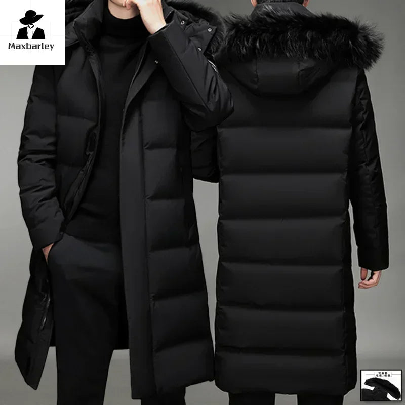 Men's long winter down coat, black and gray, with hood and fur trim, padded