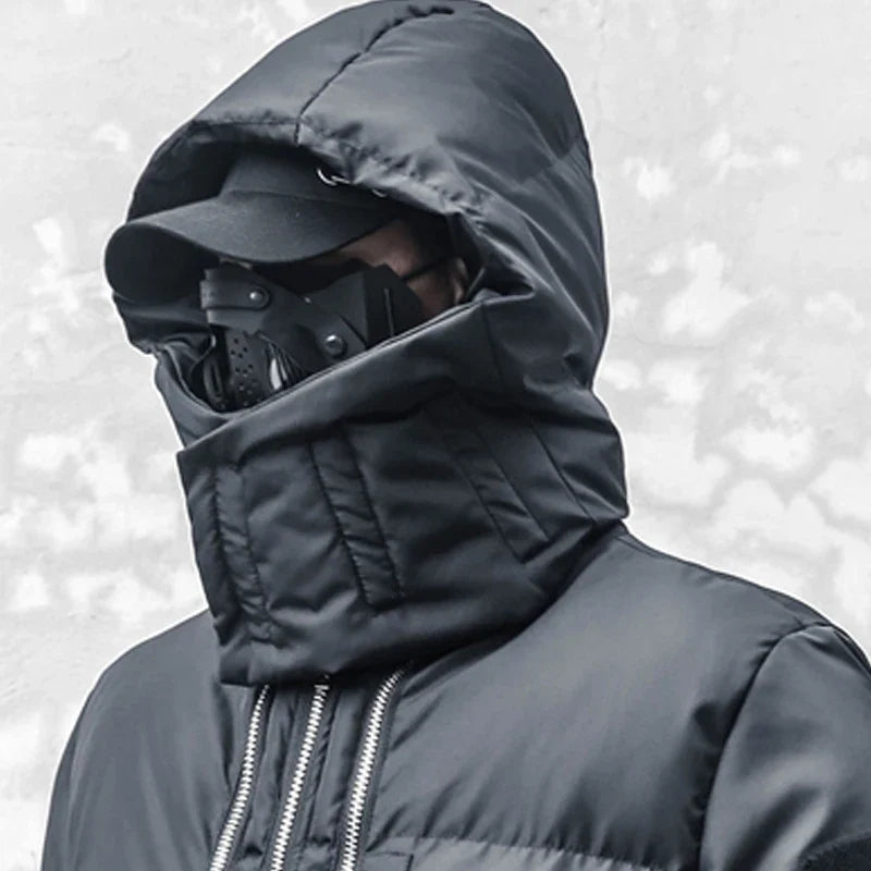 Long black men's quilted winter coat with hood and zippers