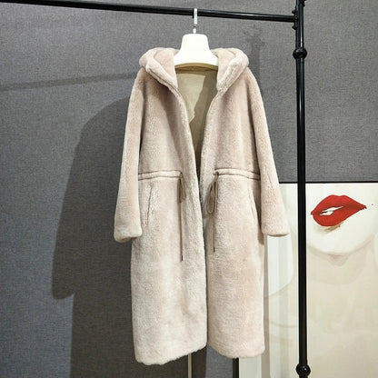 Gefütterter Kapuzenmantel Lang Flauschig mit Tunnelzug Beige