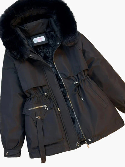 Women's winter jacket with hood and detachable faux fur collar – fashionable outdoor parka for cold days