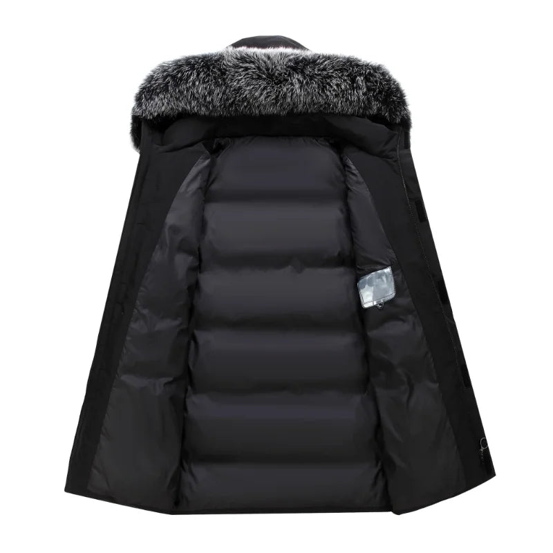 Men's winter parka with hood and faux fur collar, long winter jacket