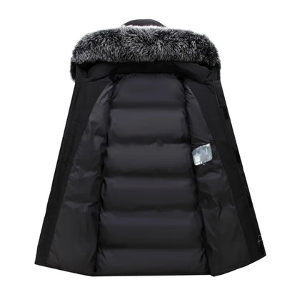 Men's winter parka with hood and faux fur collar, long winter jacket