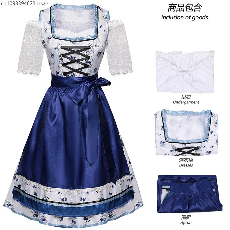 Blue and white dirndl traditional dress with floral pattern & apron
