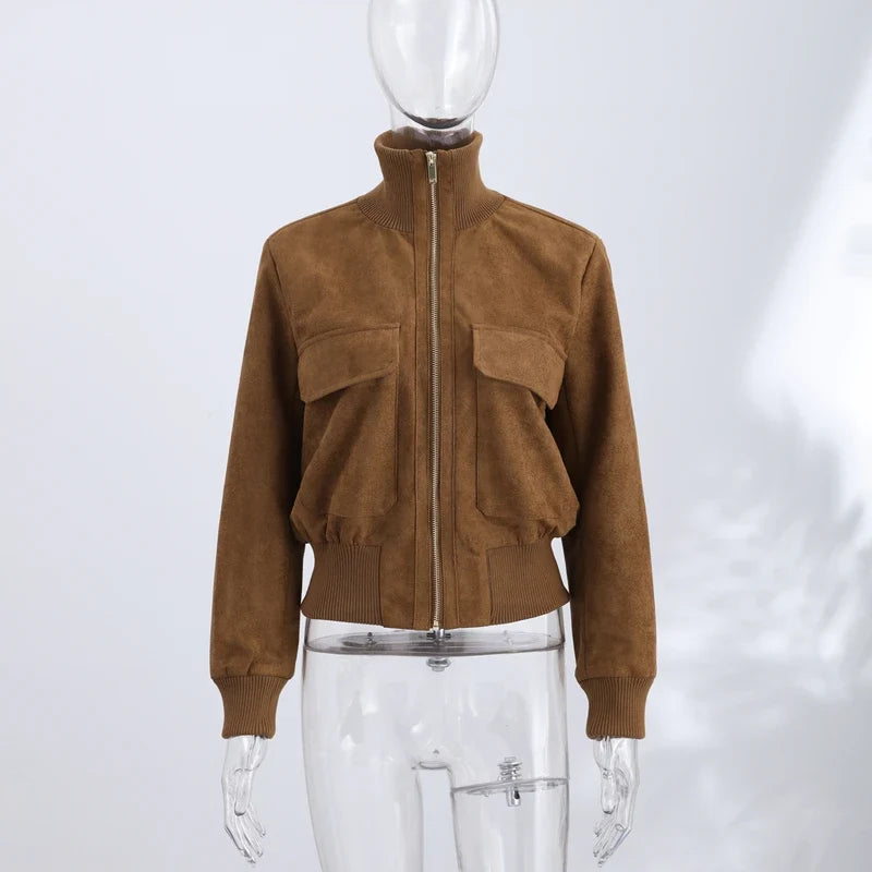 Short women's bomber jacket with stand-up collar and pockets
