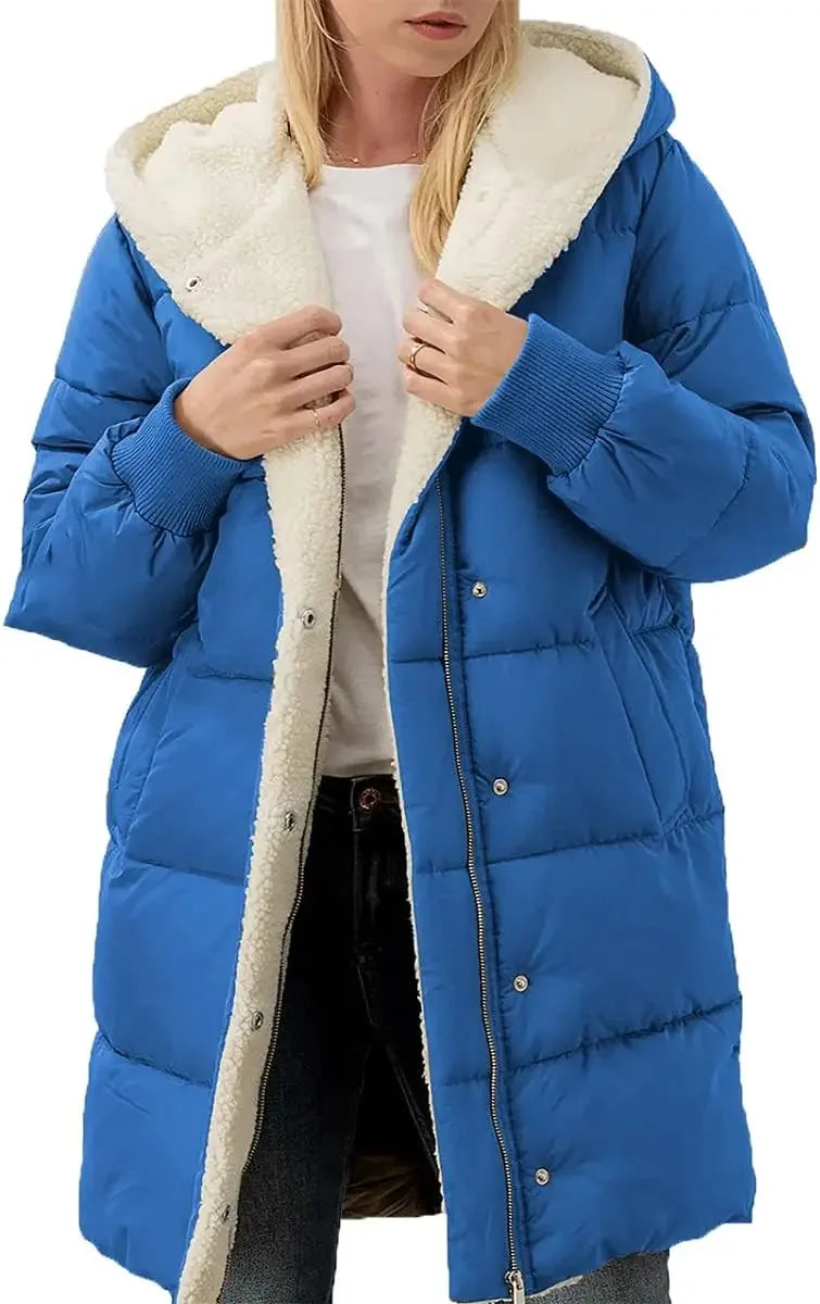 Damen Winter Steppmantel mit Kapuze & Teddyfutter Lang