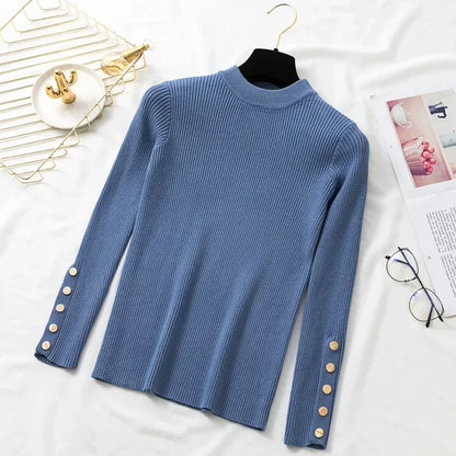 Women's rib-knit sweater, long sleeve, with decorative buttons
