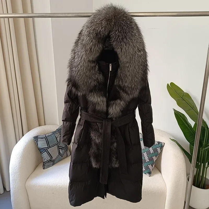 Damen Daunenmantel mit Pelzkapuze und Bindegürtel, gepolstert, lange Winterjacke
