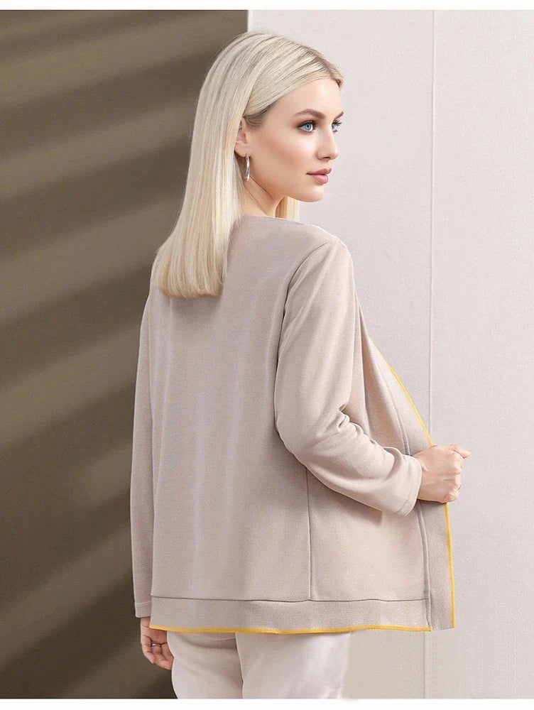 Damen Cardigan Set Beige mit Muster-Top Zweiteiler