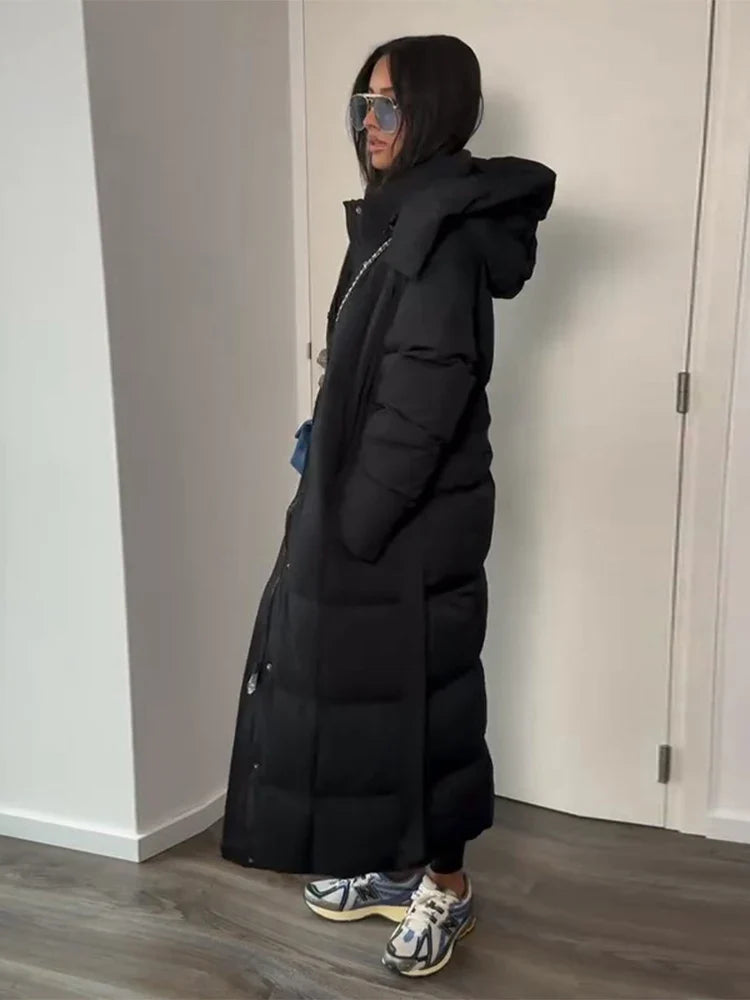 Long women's quilted coat with belt - Dark brown/Black with/without hood