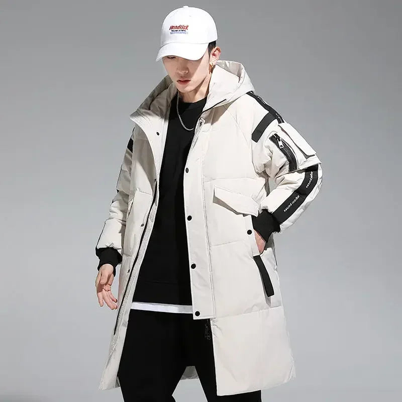 Men's long winter coat with hood and zipper, padded, black