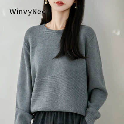 Women's crew-neck long-sleeve knit sweater with textured details