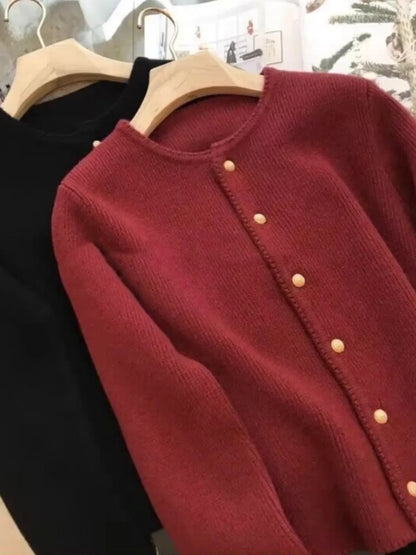 Women's Crew-Neck Long-Sleeved Knit Cardigan with Button Placket