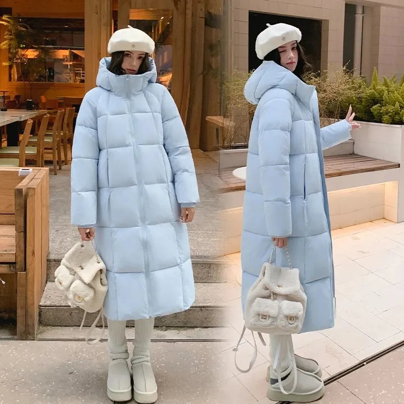 Long quilted coat with hood for women, winter