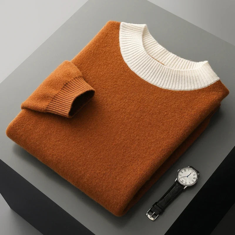 Men's crew-neck knit sweater with caramel/cream stripes