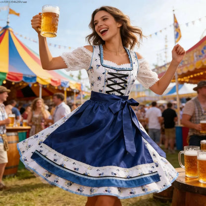 Blue and white dirndl traditional dress with floral pattern & apron