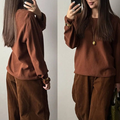 Women's crew-neck long-sleeve sweater with a knit-look texture