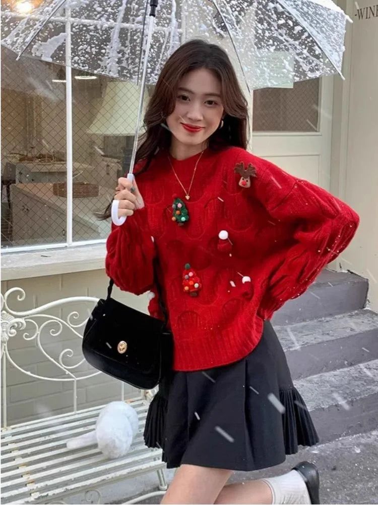 Weihnachtspullover Damen Strickpullover Rundhals mit Applikationen