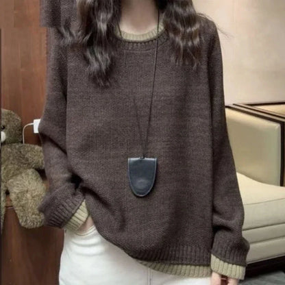 Women's long-sleeve sweater with crew neckline, ribbed cuffs and hem