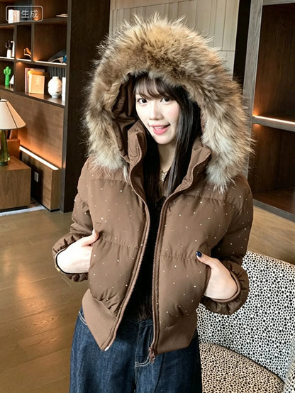 Women's quilted jacket with faux-fur hood and glitter details