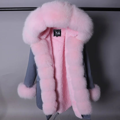 Women's winter parka with pink faux fur lining & hood