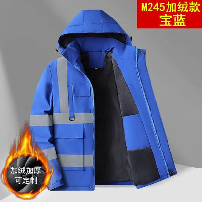 Men's winter work jacket with fleece lining, reflective stripes, and hood