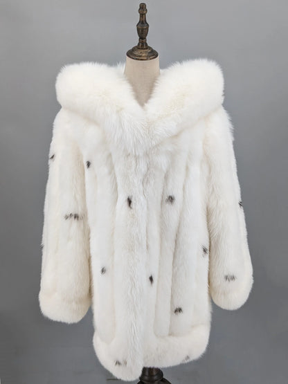 Women's luxurious white coat with hood and dark accents