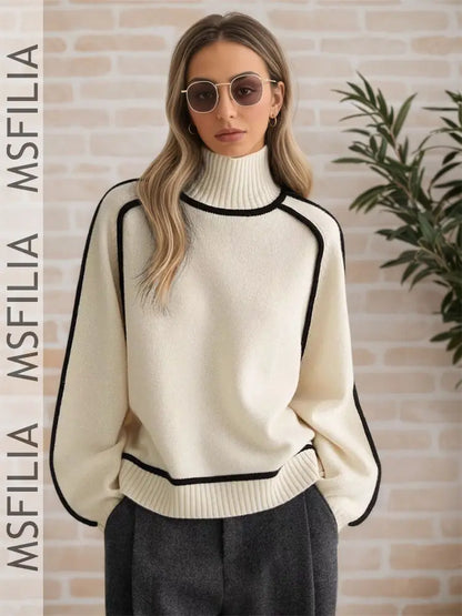 Damen Rollkragen Pullover Strickwaren mit Kontrastnähten Langarm