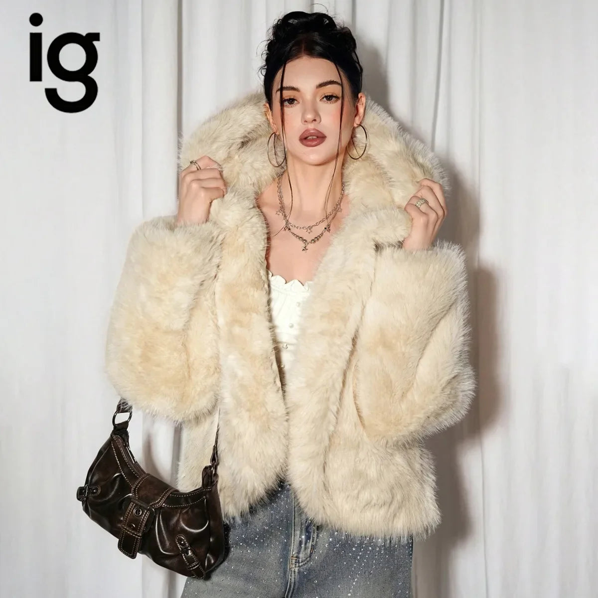 Women's cream-white faux fur jacket plush faux fur jacket winter