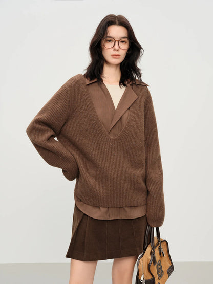Damen Rib-Strickpullover V-Ausschnitt Tiefer Ausschnitt