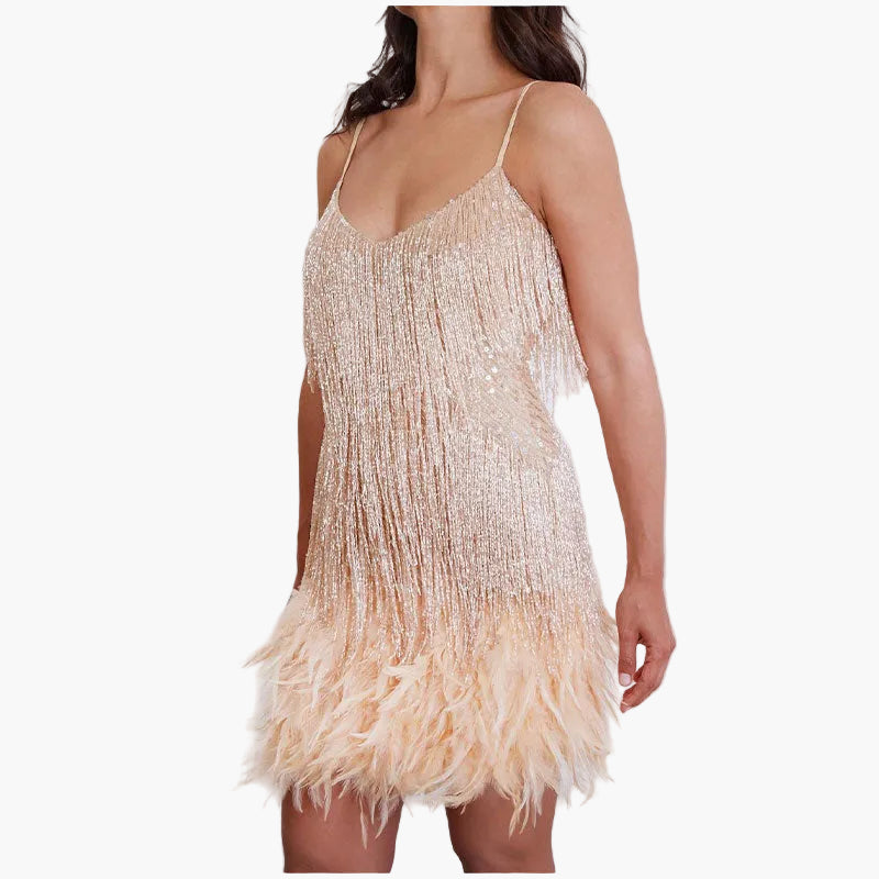 Women's party dress with tassels and feathers – Elegant evening dress for special occasions