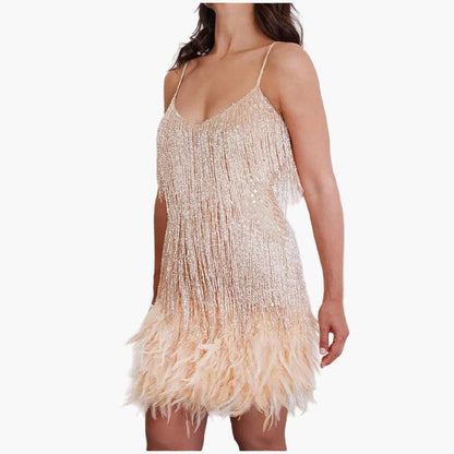 Women's party dress with tassels and feathers – Elegant evening dress for special occasions