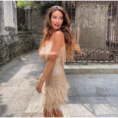 Women's party dress with tassels and feathers – Elegant evening dress for special occasions