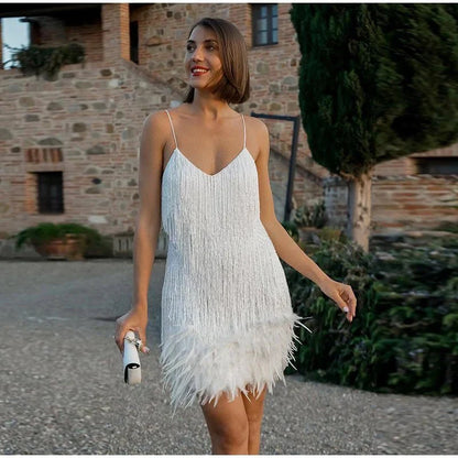 Women's party dress with tassels and feathers – Elegant evening dress for special occasions