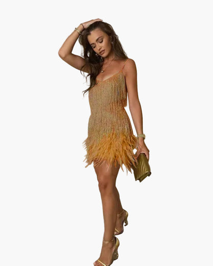 Women's party dress with tassels and feathers – Elegant evening dress for special occasions