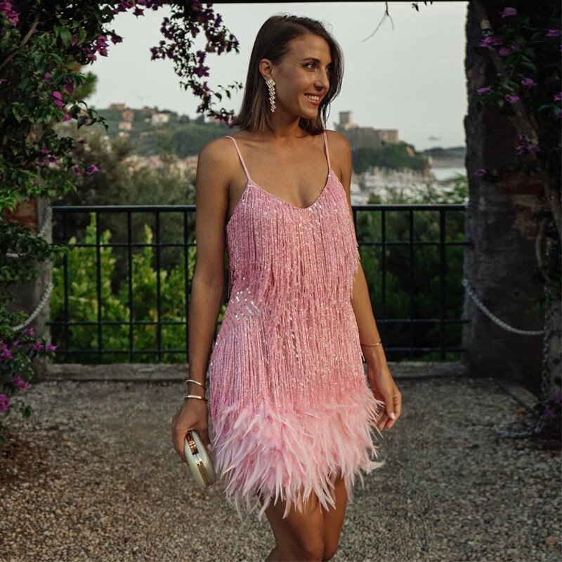 Women's party dress with tassels and feathers – Elegant evening dress for special occasions