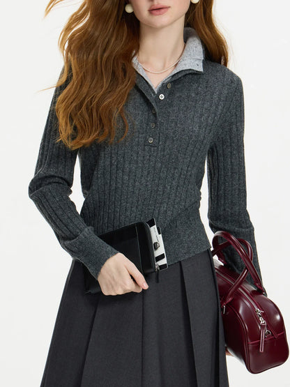 Gerippter Pullover Damen Dunkelgrau mit Polokragen & Knopfleiste