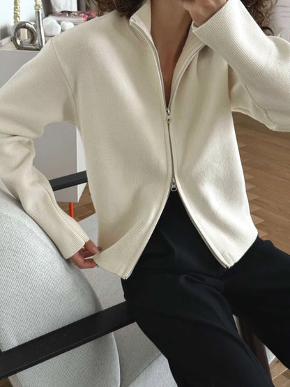 Damen Strickjacke mit Reißverschluss und Stehkragen, langärmlig
