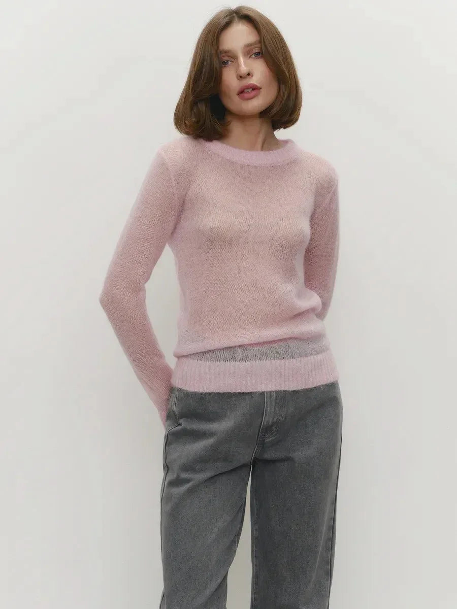 Damen Pullover leicht transparent Feinstrick Rundhals Langarm