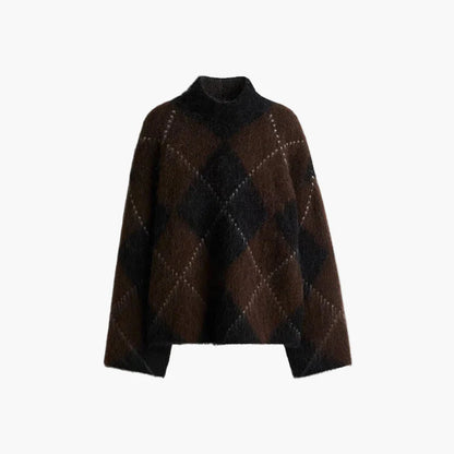 Damen Oversize Strickpullover mit Argyle-Muster – Modischer Freizeit-Look für Herbst und Winter