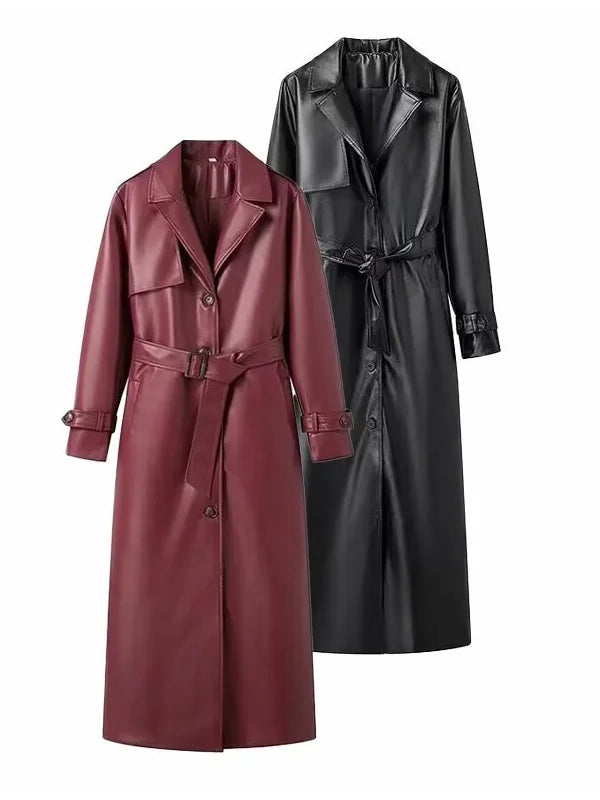 Trenchcoat Damen lang Bindegürtel Weinrot Mantel Elegante Übergangsjacke