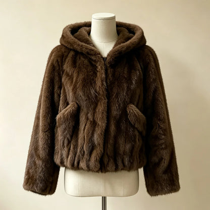 Short women's faux fur jacket with hood and zipper, dark brown