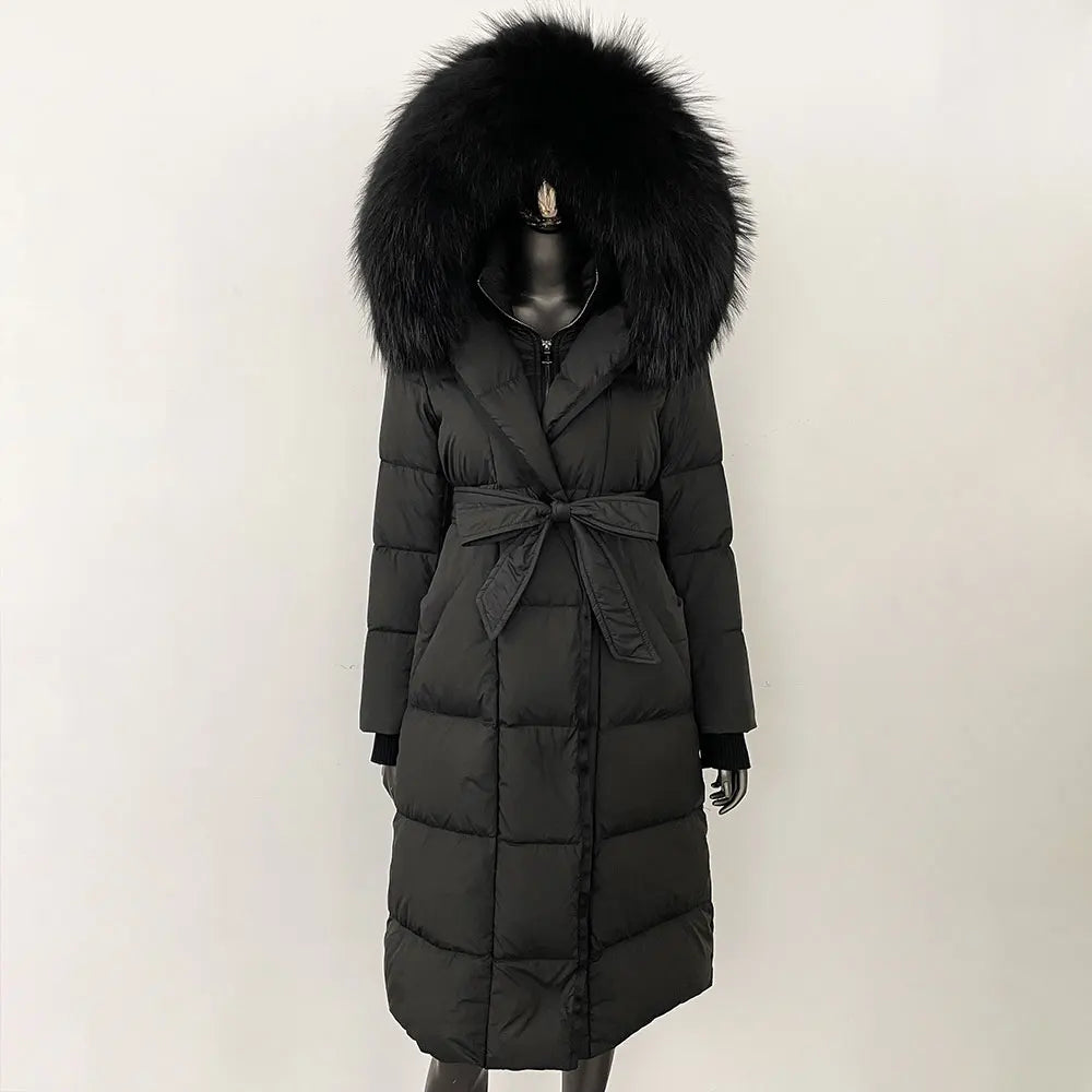 Women's quilted winter down coat with faux fur trim and belt