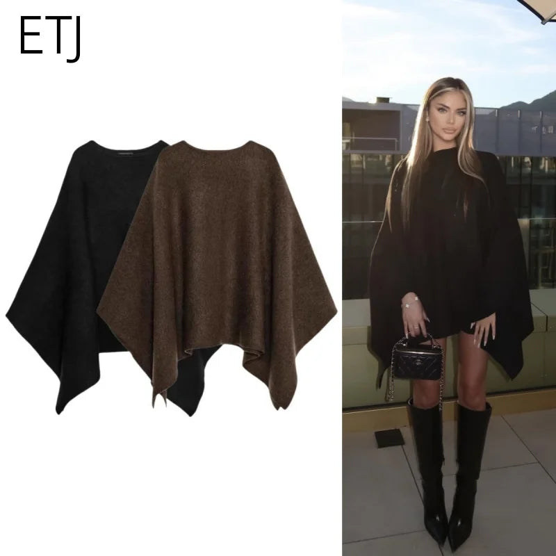 Women's poncho sweater, elegant crew-neck knitted poncho in black or brown
